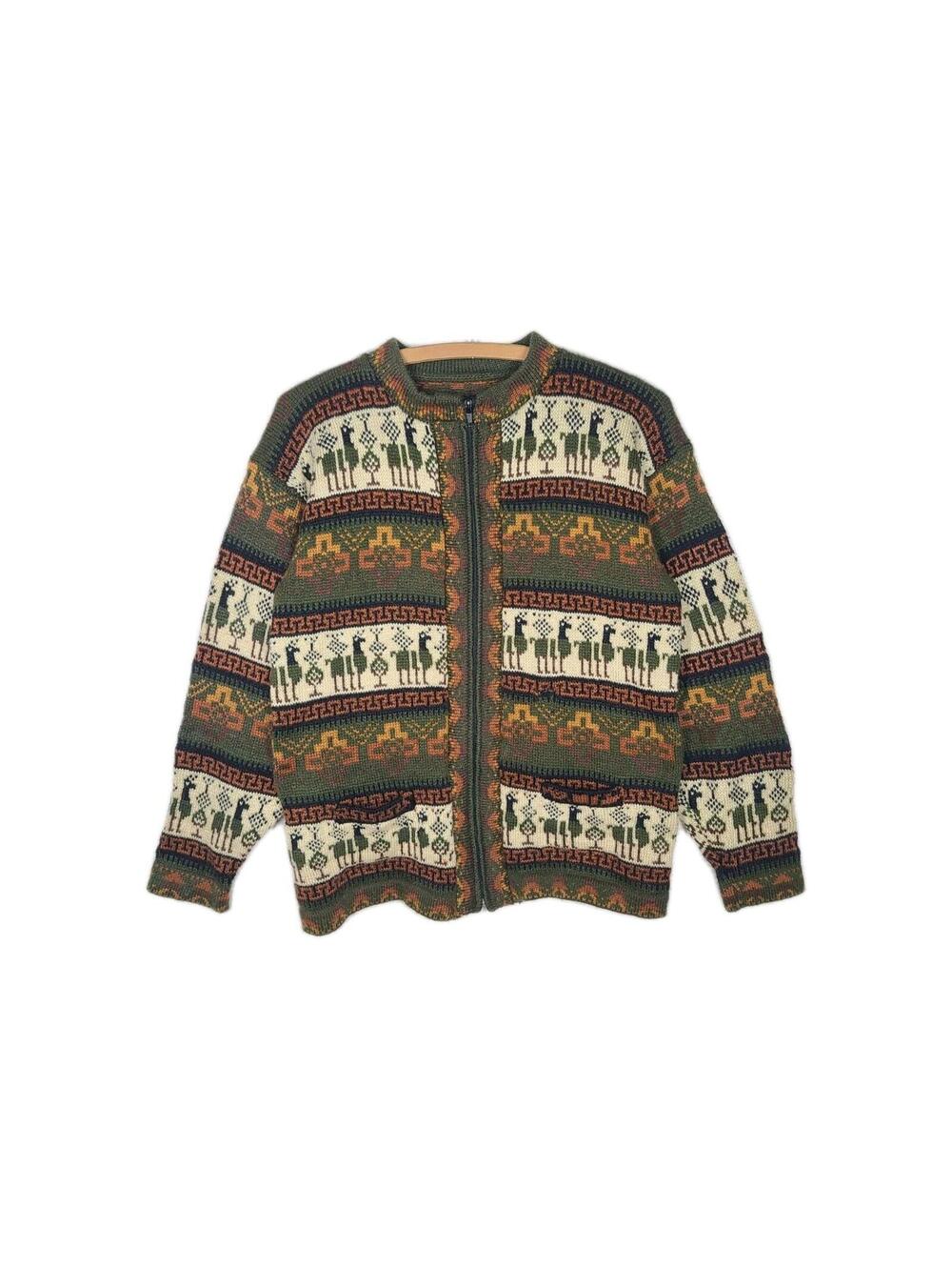 Vtg 90s Zip Alpaca Knit Sweater Sweatshirt Unisex M L Hand Knit Intarsia Peru
